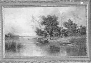 River Landscape, Figures And Boats Under A Cloudy Sky by Louise J. Guyot