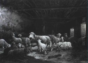 In Einem Alten Stall Wartet Eine Schafherde Ungeduldig Auf Den Ausgang by Louise J. Guyot