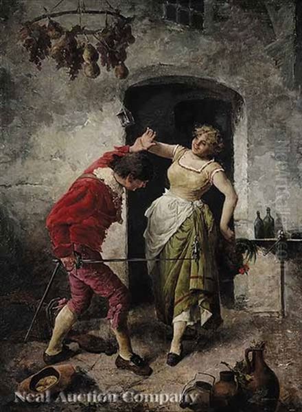Woman And Musketeer Playfully Struggling Over A Rooster - view 1