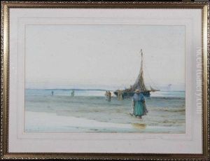 Fisherfolk And A Fishing Smack On A Continental Beach by William Charles Baker