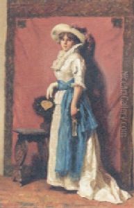 Portrait Of A Lady In A White Dress, Blue Sash And Holding A Fan by Giuseppe Guzzardi