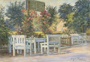 Gedeckter Tisch Im Garten Mit Rosengirlanden by Hans Gyde-Petersen