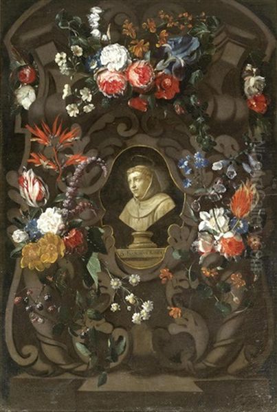 A Garland Of Flowers Surrounding The Bust Of Franciscus Rodius, Martyr Of Gorkum - view 1