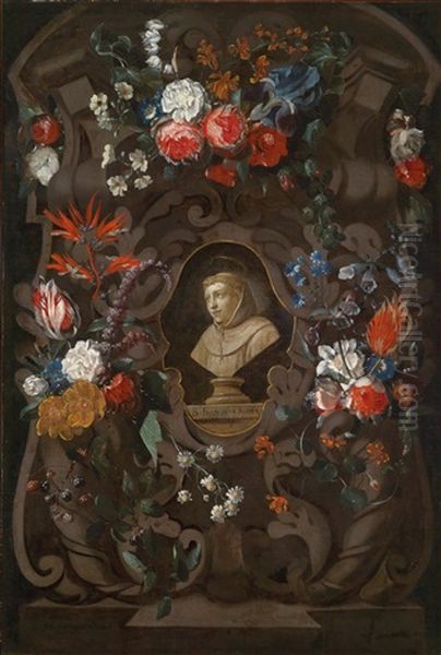 Eine Blumengirlande Um Eine Buste Des Franziskanerbruders Franciscus Rodius (frans Van Roye) - view 1