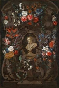Eine Blumengirlande Um Eine Buste Des Franziskanerbruders Franciscus Rodius (frans Van Roye)