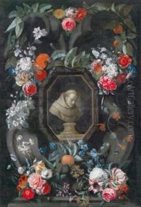Ein Gemalde Mit Der Buste Des B. Nicasius Hezius Im Blumenkranz