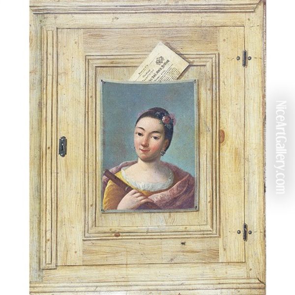 A Trompe L'oeil Of A Painting Of A Woman With A Flute Pinned To A Wooden Cabinet Door With A Fly - view 1