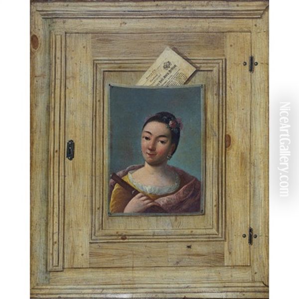A Trompe L'oeil Of A Painting Of A Woman With A Flute Pinned To A Wooden Cabinet Door With A Fly - view 1