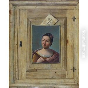 A Trompe L'oeil Of A Painting Of A Woman With A Flute Pinned To A Wooden Cabinet Door With A Fly