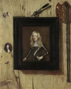 A Trompe L'oeil Still Life With A Portrait Of A Soldier, A Miniature Portrait, An Artist's Palette And A Mahlstick Hanging On A Wooden Partition by Cornelis Norbertus Gysbrechts