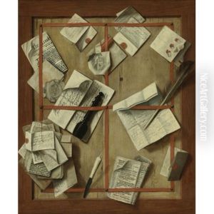 Trompe L'oeil Still Life Of Letters, A Newspaper, A Quill, A Letter Opener And Other Objects Tacked To A Wood Board