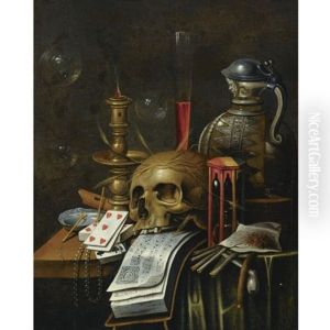 A Vanitas Still Life With An Hourglass, A Deck Of Cards, A Skull Resting On Music Sheets, An Ewer, A Flute, A Candlestick And Other Objects, All Arranged On A Partly-draped Table Top by Cornelis Norbertus Gysbrechts