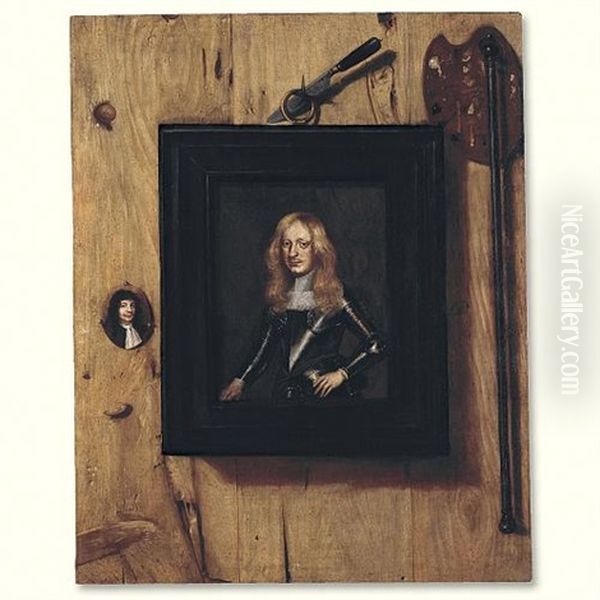 A Trompe L'oeil Still Life With A Portrait Of A Soldier, A Miniature Portrait, An Artist's Palette And A Mahlstick Hanging On A Wooden Partition - view 1