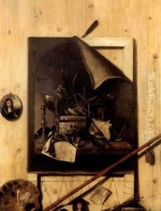 Trompe-l'oeil Au Mur D'atelier Et Toile Representant Une Vanite by Cornelis Norbertus Gysbrechts