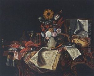 A Still Life With Lobsters On A Plate, A Painter's Palet, Glasses, An Hourglass, A Vase With Flowers, A Violin And Other Objects Together With A Parrot, All On A Table by Cornelis Norbertus Gysbrechts