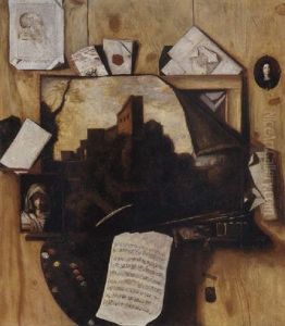 Trompe L'oeil - Stilleben Mit Gemalden, Einer Bildnisminiatur, Einem Notenblatt, Einem Stich Und Einer Palette An Einer Wand Trompe L'oeil - Stilleben Mit Gemalden, Einer Bildnisminiatur, Einem Notenblatt, Einem Stich Und Einer Palette An Einer Wand