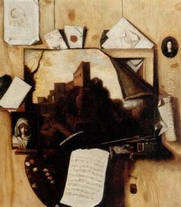 A Trompe L'oeil Of A Town Scene On Canvas Coming Away From Its Stretcher, A Madonna At Prayer, An Artist Palette And Brushes... by Cornelis Norbertus Gysbrechts