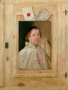 A Trompe L'oeil: Portrait Of Bishop Godefridus With An Envelope And A Document Attached To A Wooden Closet-door