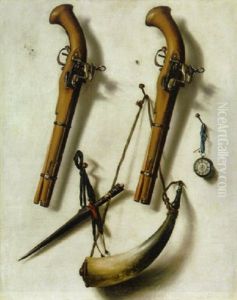 A Trompe L'oeil Of Two Pistols, A Powder Horn, A Dagger And A Watch Hanging A Wall