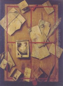 A Trompe-l'oeil: Documents, A Quill, A Set Of Engravings, An Almanac, A Wax Seal And A Pen On A Wooden Partition