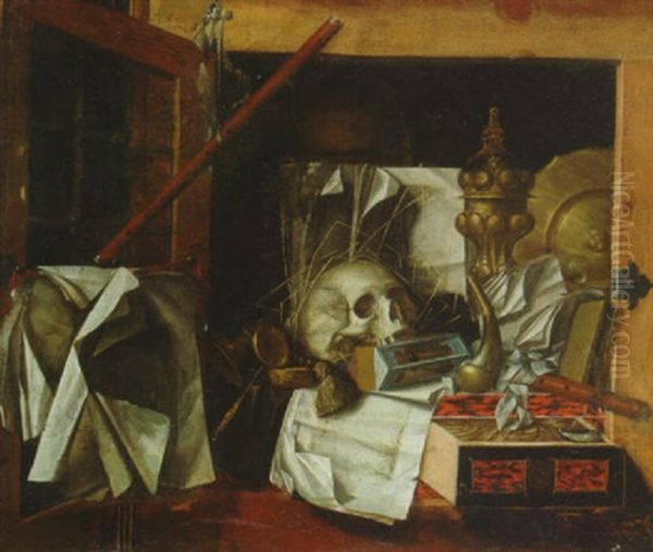 A Vanitas Still Life With A Skull, A Pocket Watch, An Hour Glass And Other Objects At An Open Window - view 1