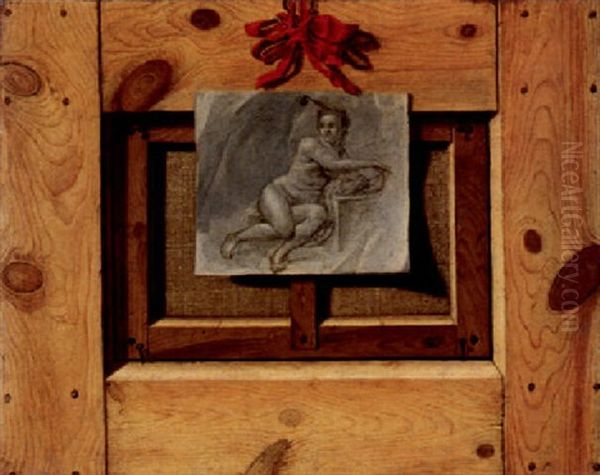 Trompe-l'oeil. Ruckseite Eines Gemaldes Mit Angehefteter Zeichnung Einer Liegenden Frau - view 1