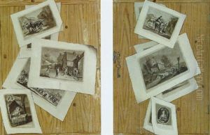A Trompe L'oeil Of A Collection Of Prints Stuck To A Cupboard Door A Trompe L'oeil Of A Collection Of Prints Stuck To A Cupboard Door