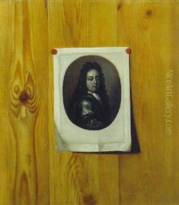 A Trompe L'oeil Of A Print Of A Portrait Of A Gentleman, In The Style Of Caspar Netscher