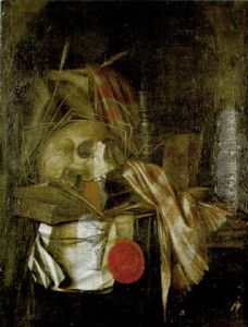 A Vanitas Still Life With A Snuffed Candle, Books, A Seal, A Print, A Skull And Ears Of Wheat In A Stone Niche by Cornelis Norbertus Gysbrechts
