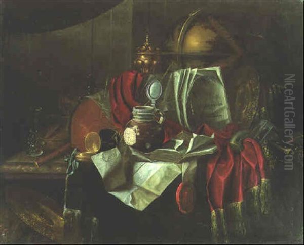 A Globe, Books, Documents And Other Objects On A Partially Draped Table - view 1