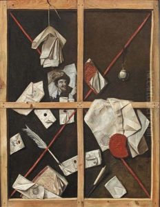 A Trompe L'oeil Of The Reverse Of A Canvas As A Letter Rack With Documents, A Journal, A Print Of A Cardplayer, A Quil And Sheets Of Paper Suspended From A String On A Nail