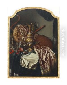 A Brass Urn, A Brass Shield, Musical Instruments, A Quil, A Compass, A Red And A Green Ribbon, A Manuscript And Other Objects, All On A Draped Table
