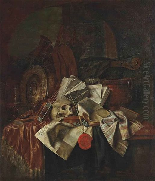 A Skull, An Hour Glass, A Shield With Books And Papers On A Partly Draped Table - view 1