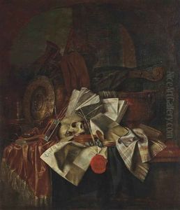 A Skull, An Hour Glass, A Shield With Books And Papers On A Partly Draped Table