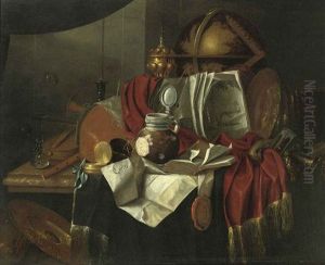 Musical Instruments, A Globe, A Watch, Books, A Stoneware Ewer, Documents, A Wineglass, A Horne And Various Other Objects On A Partly Draped, Marble Table by Franciscus Gysbrechts
