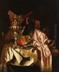 A Vanitas Still Life With Amongst Others A Gilt Pineapple Shaped Goblet, Musical Instruments And A Watch