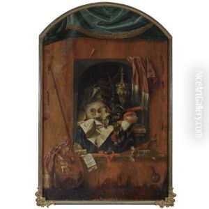 A Trompe L'oeil With A Painting Of A Vanitas Still Life With A Skull, A Silver Gilt Chalice, A Candlestick, A Flute, Documents And Other Objects Standing On A Wooden Ledge With Paint-brushes, A Palett
