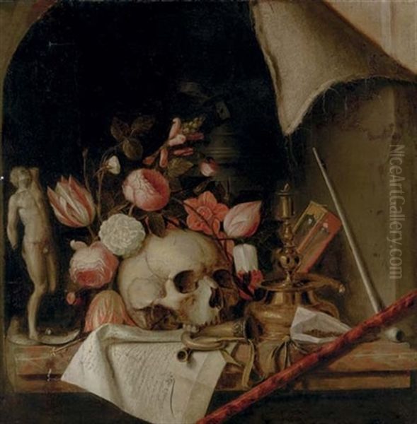 A Trompe-l'oeil Still Life, Vanitas Scene With A Skull - view 1