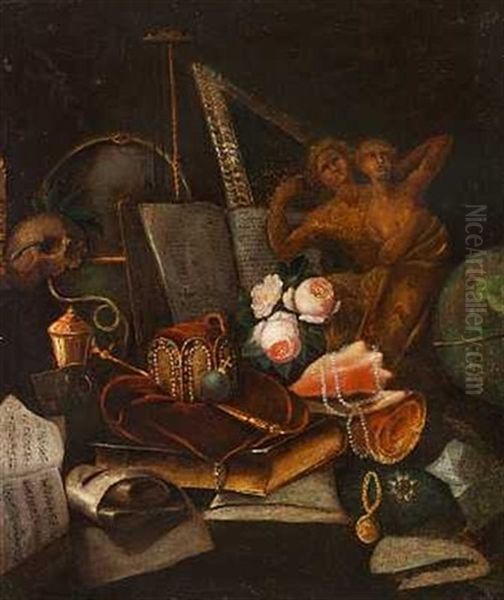 Memento Mori Med Roser, Smykker, Krone, Boger Og Kranie - view 1