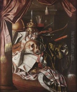 A Vanitas Still Life With A Globe, A Silver Gilt Chalice, A Bow, A Quiver, A Ewer, A Silver Dish And Various Musical Instruments On A Table Beneath A Mauve Curtain