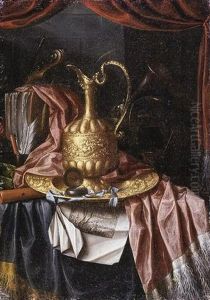 A Still Life Of A Gilt Ewer, A Gilt Plate, Prints And Writing Materials All Resting On A Draped Table