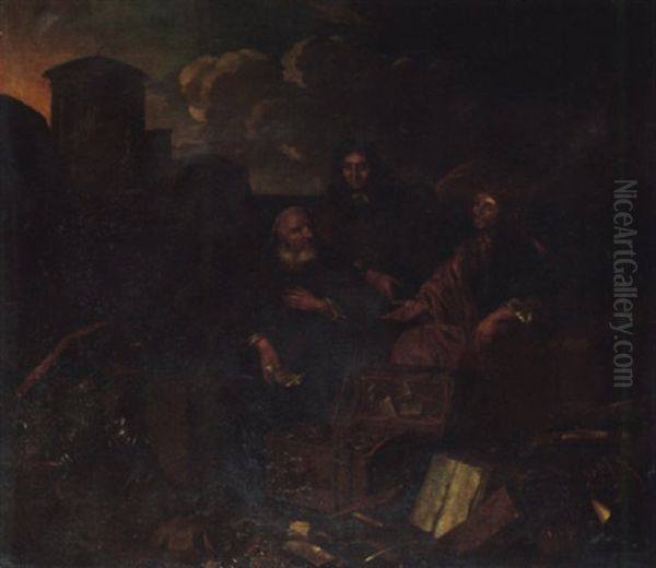 Three Merchants Discussing Their Wares, Including Armour, Coins And A Chest - view 1