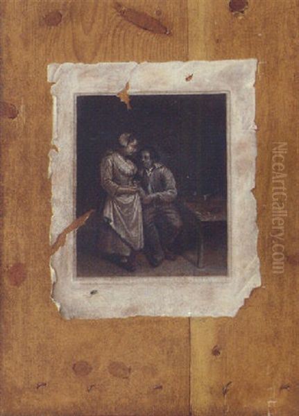 A Trompe L'oeil Of An Engraving Of Peasants In An Interior Fixed To A Wooden Partition - view 1
