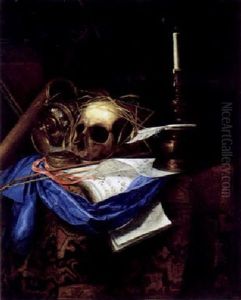 Vanitas-stilleben Mit Einem Notenbuch, Einer Ungesturtzten Silberkanne Und Einem Totenkopf by Franciscus Gysbrechts