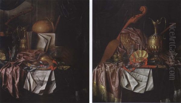 A Globe, A Lute, A Recorder, An Open Book, Sheaf Of Prints, Inkwell, Other Objects On A Draped Table - view 1