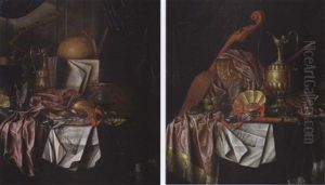 A Globe, A Lute, A Recorder, An Open Book, Sheaf Of Prints, Inkwell, Other Objects On A Draped Table by Franciscus Gysbrechts
