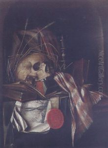 Still Life Of A Candle, A Skull, Ears Of Corn And Other Items On A Partly-draped Table Top by Franciscus Gysbrechts