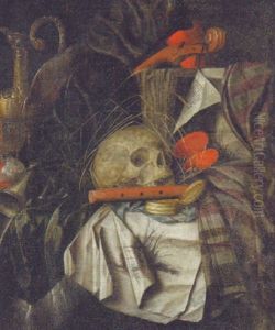 A Vanitas Still Life With A Skull, A Flute, A Pocket Watch, An Hourglass, A Gilt Ewer, A Violin And A Book On A Draped Table by Franciscus Gysbrechts