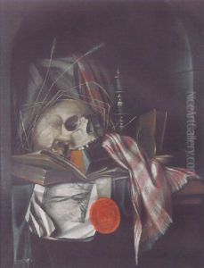 A Vanitas Still Life With A Snuffed Candle, Books, A Seal, A Print, A Skull And Ears Of Wheat In A Stone Niche by Franciscus Gysbrechts