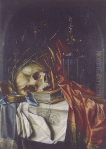 A Vanitas Still Life With A Skull Resting On A Book And Engravings, An Hourglass And Other Objects On A Red Silk Cloth In A Draped Niche by Franciscus Gysbrechts